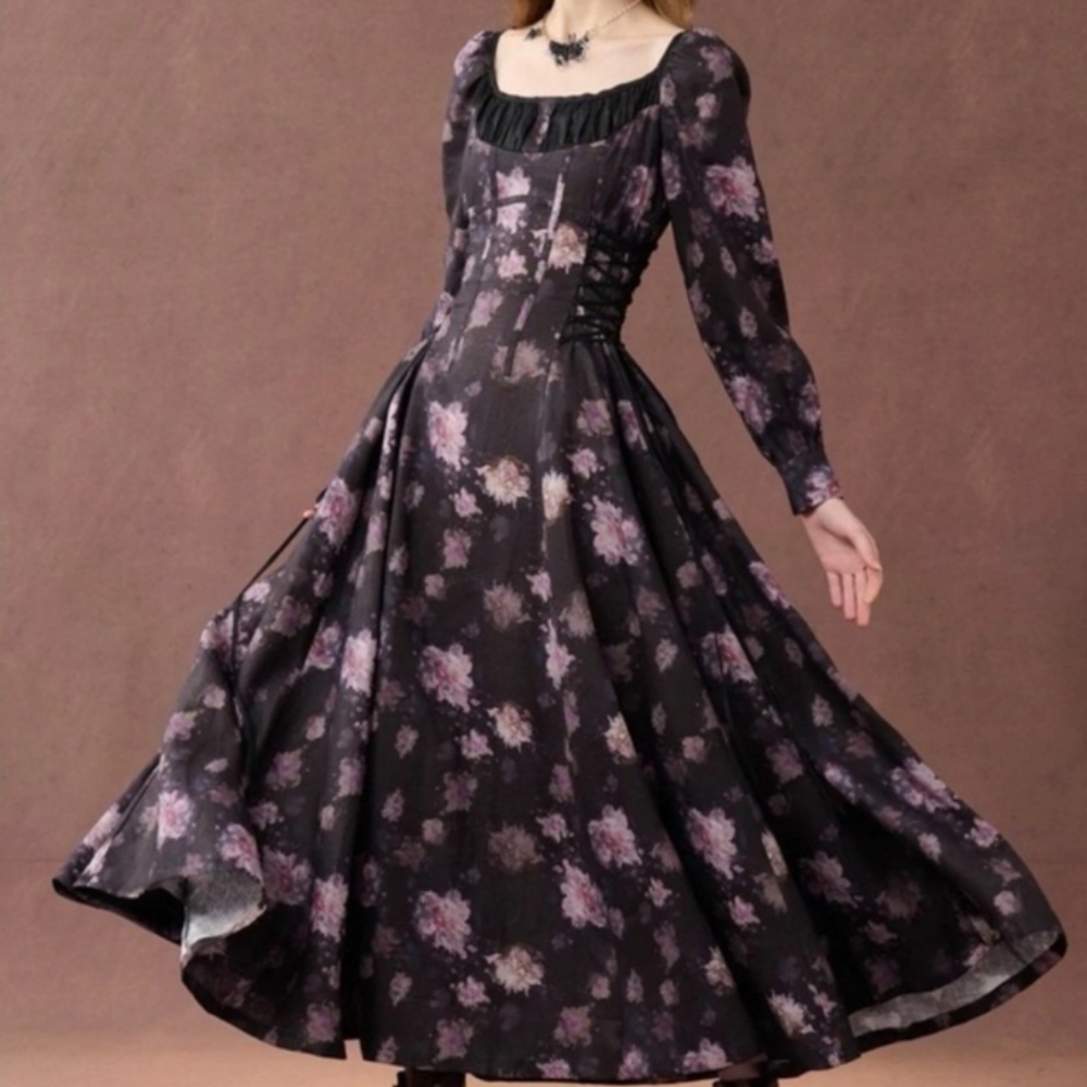 Linennaive Black floral midi dress ylang15